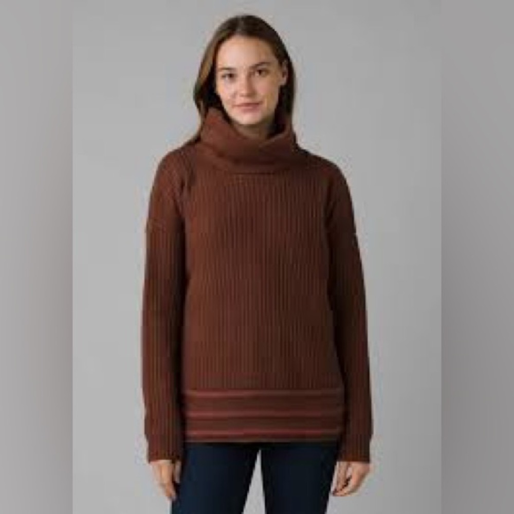 Prana Funen Loop brown cowl neck wool blend tunic sweater, size large.